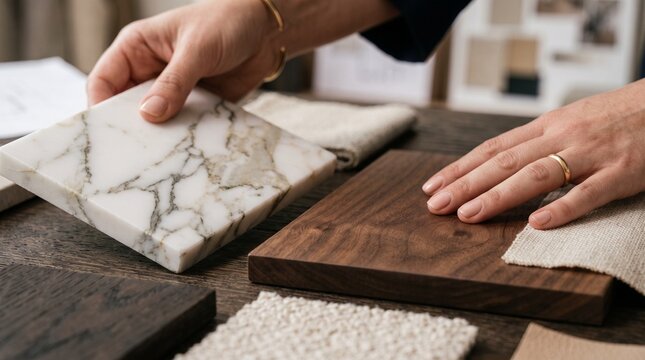 Interior designer's hands selecting marble and wood samples, showcasing a palette of luxurious textures and materials for a refined home design project.