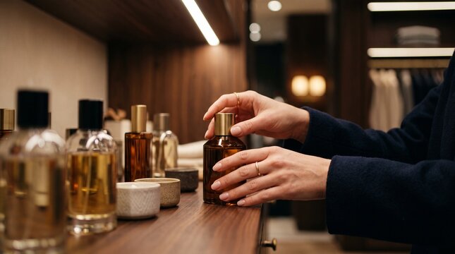 A person's hands carefully select a fragrance bottle from a collection of luxury perfumes displayed on a polished wooden shelf in a well-appointed dressing room.