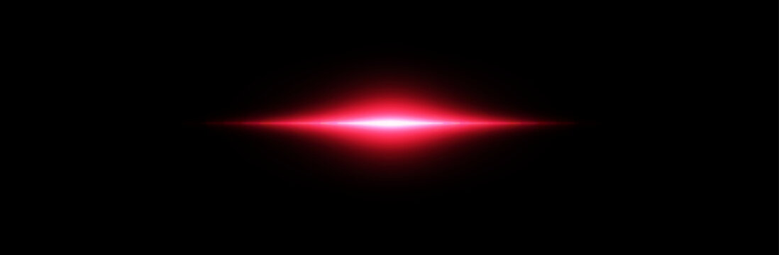 Bright horizontal red lens flare light effect with anamorphic neon glow isolated on black background
