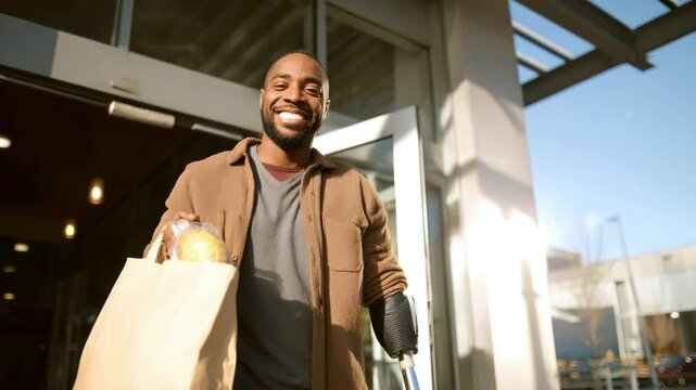Smiling man with prosthetic arm and grocery bag at supermarket entrance on sunny day. The concept of independence, cheerfulness, lifestyle