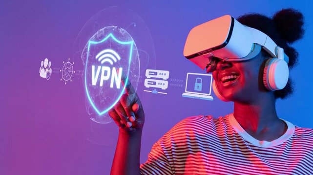 Person Wearing Virtual Reality Headset with VPN Graphic Displaying Digital Security and Online Privacy Concepts in Modern Technology Setting Sigmoid