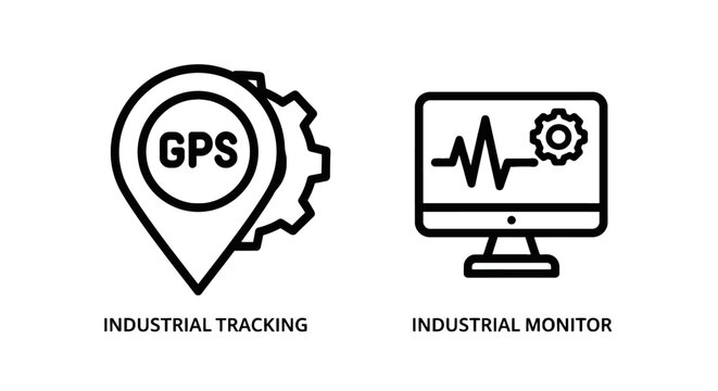 Industrial tracking location pin with gear and computer monitor showing monitoring dashboard gps marker manufacturing control factory monitoring