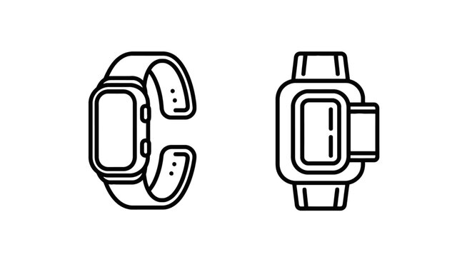 Minimalist outline icon vector of a smart wrist watch seen from perspective and top angles with wearable tech fitness tracker smart device wearable