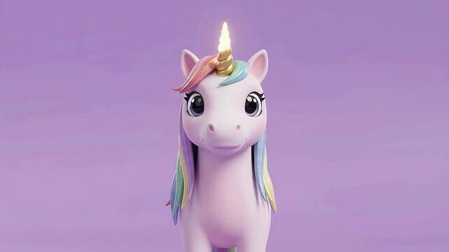 Adorable 3D Animated Unicorn with Rainbow Hair on a Purple Backdrop