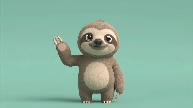Cute Cartoon Sloth Waving Hello on a Teal Background, Friendly Animated Character