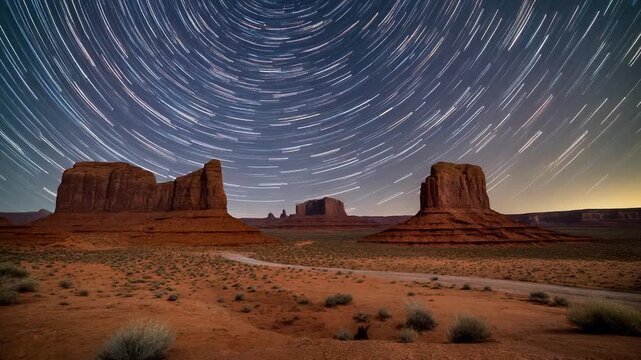 Star trails spinning over the iconic red rock buttes of Monument Valley in the desert at night