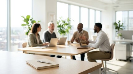 Fototapeta premium Modern office interior with large windows and business people in a blurred meeting scene.