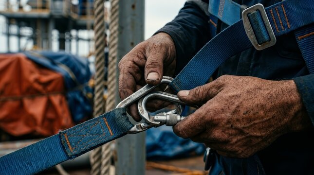 Close up of a worker connecting safety carabiners for fall protection.