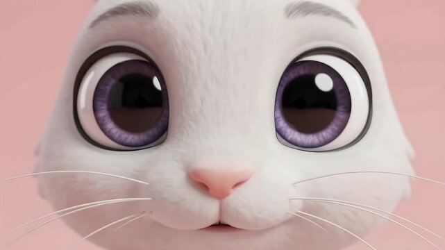 Adorable Animated White Rabbit Close-Up with Big Purple Eyes Blinking on Pink Background