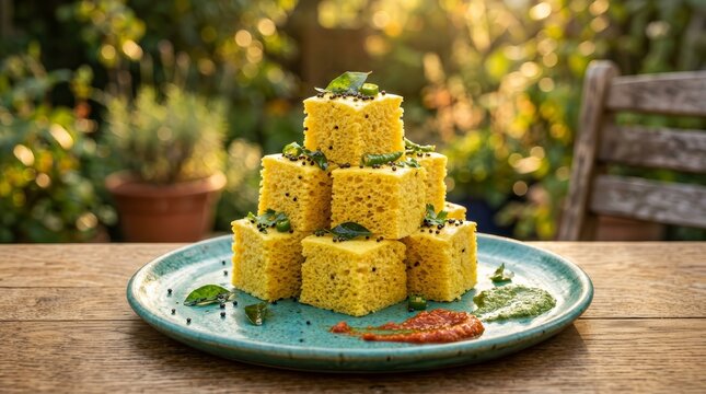 Yellow Khaman Dhokla, a traditional Gujarati snack made from steamed chickpea flour.