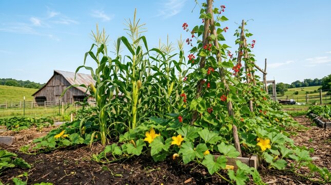 Three Sisters companion planting method with corn, flowering beans, and squash on a rural farm.