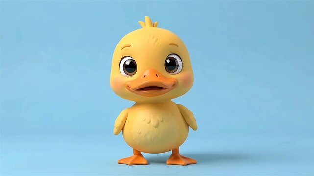 Adorable 3D Cartoon Duckling Waving Head and Waddling on a Bright Blue Background