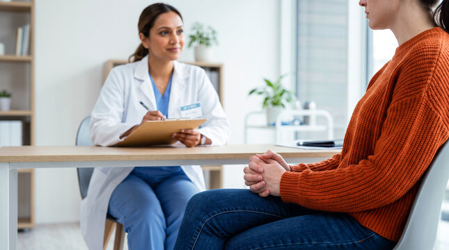 Patient sitting with hands clasped during a medical consultation