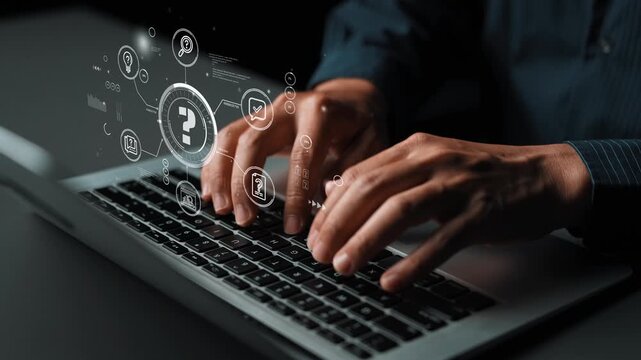 Hands Typing on Laptop with Overlay of Question Mark and Digital Icons Representing Technology, Communication, and Inquiry Concepts. Entropy.