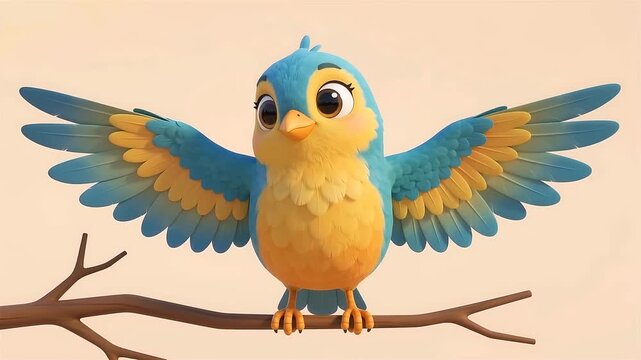 Cute Animated Blue and Yellow Bird Spreading Wings on a Branch in Cheerful Cartoon Style