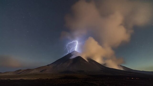 A dramatic view of an active volcano erupting at night with lightning and smoke plumes.