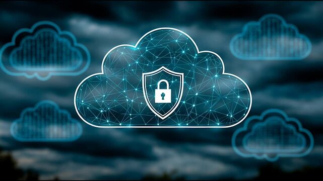 abstract cloud social media innovative cyber security network, using interconnected nodes to represent business partnerships on the Smart digital Innovation city with connection network reciprocity