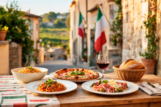 Traditional Italian food with a glass of red wine on a cozy, festive Italian street