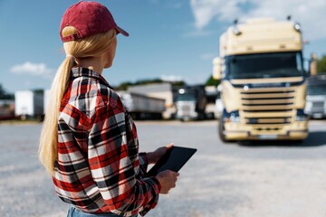 Fototapeta premium Woman truck driver in plaid shirt and cap holding tablet near semi-trucks