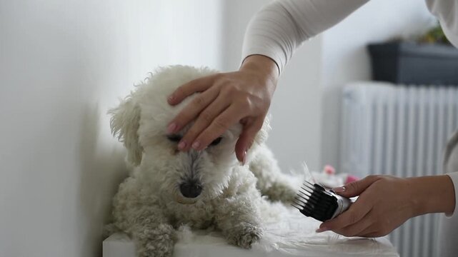 A person uses electric clippers to trim fur around the muzzle of a white Bichon Frise dog. One hand holds the pet steady during a routine indoor grooming procedure.