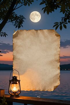 Blank parchment paper framed by full moon and burning lantern