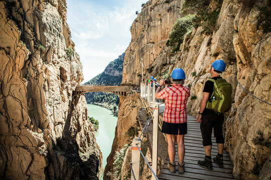 elderly couple trekking in Caminito Del Rey Trail in Andalusia