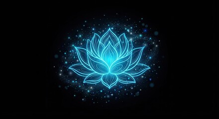 Fototapeta premium Glowing blue neon lotus flower blooming on dark background with sparkles