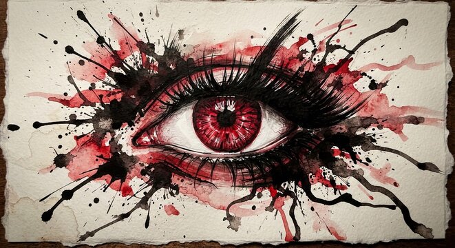 Abstract watercolor illustration of human eye surrounded by red black paint splashes