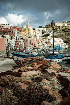 beautiful italian island procida famous for its colorful marina, tiny narrow streets and many beaches
