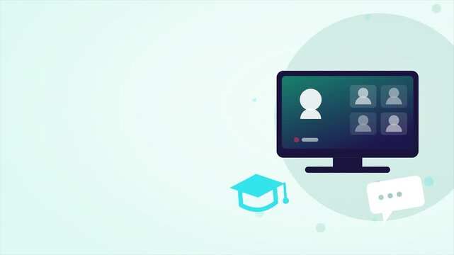 Animated Virtual Classroom and E-Learning Concept with Video Conference Monitor and Graduation Cap Motion Graphic