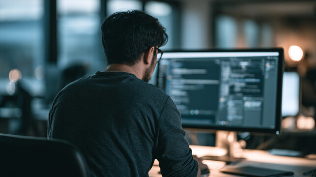 Man sits at desk, focused on coding screen