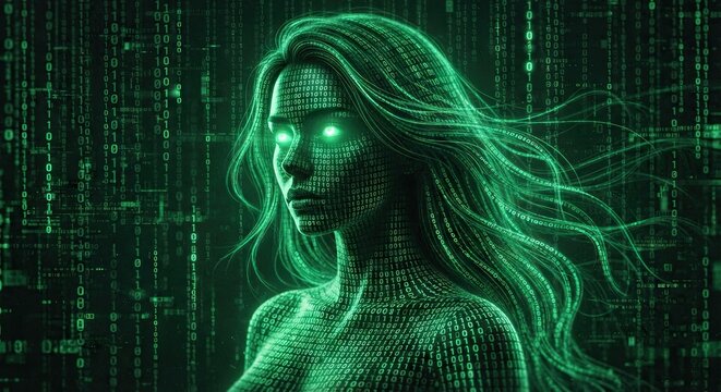 Digital green glowing cybergirl silhouette with matrix code background