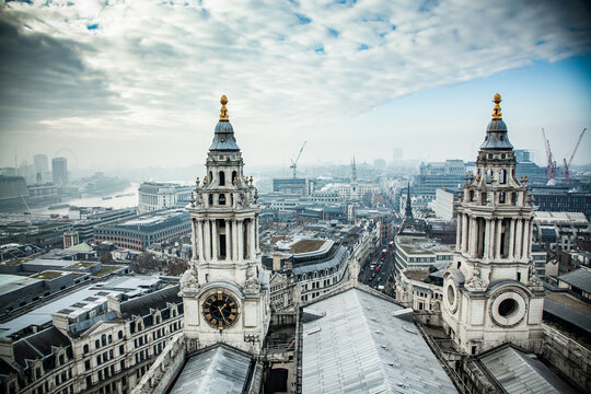 rooftop view over London on a foggy day from St Paul's cathedral, UK