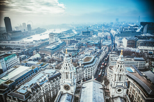 rooftop view over London on a foggy day from St Paul's cathedral, UK