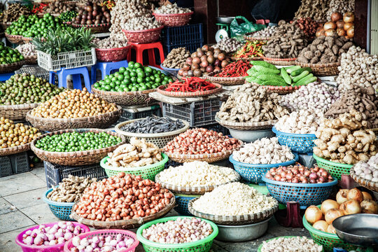 tropical spices and fruits sold at a local market in Hanoi (Vietnam)