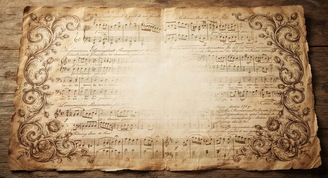 Open vintage book displaying old sheet music with ornate floral border decorations
