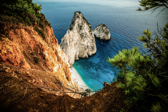 viewpoint of Keri and the famous Mizithres rocks with turquoise sea at Zakynthos island  Greece