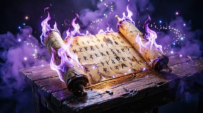 Magic scroll burning with purple flames on wooden table