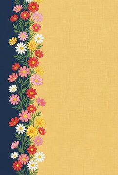 Vertical floral border with colorful daisies on yellow background