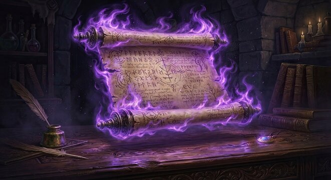 Glowing purple magical scroll hovering above wooden desk