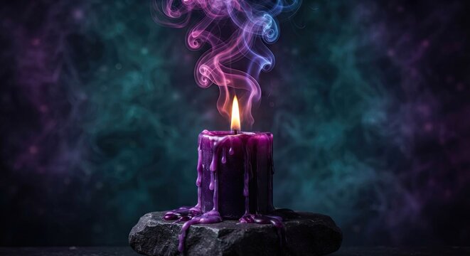 Purple dripping candle with smoking flame on dark background