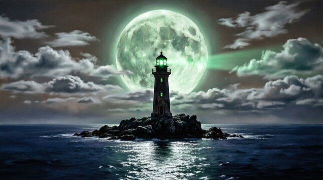 Lighthouse on rocky island illuminated by full moon and green beam