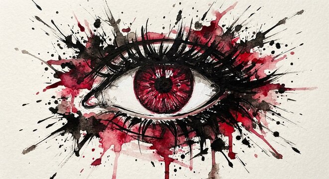 Watercolor painting of dramatic eye with red iris and dark splashes