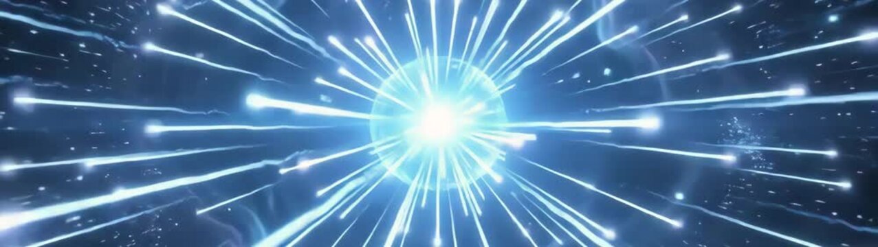 Quantum energy explosion and cosmic singularity blue light pulse and particle expansion in deep space science fiction background effect.