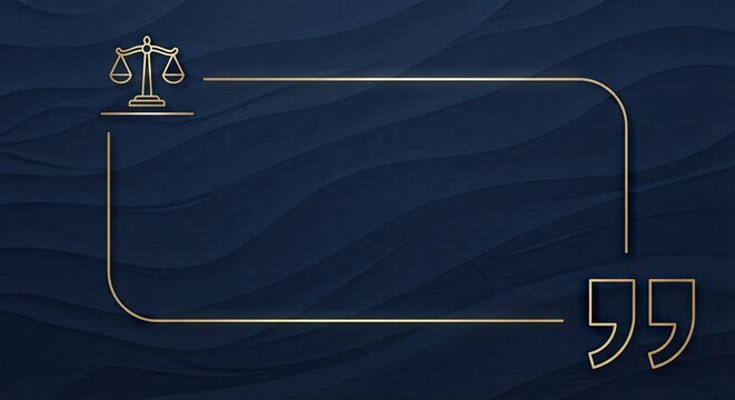 Golden scales of justice symbol with quote frame on dark blue background