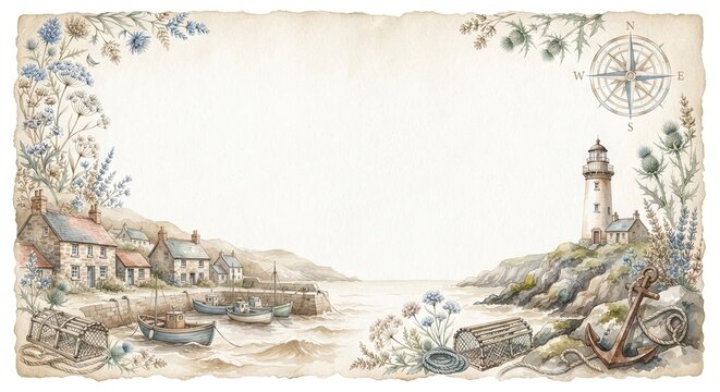 Watercolor coastal village border featuring lighthouse, harbor, and compass