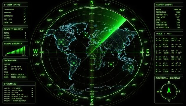 Green glowing radar display with world map and targeting interface