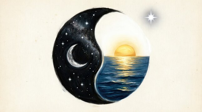 Yin yang symbol with sun moon and ocean scene