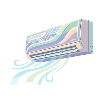 A stylized vector illustration of a modern split-system air conditioner unit blowing a cool breeze, featuring a soft pastel color palette and iridescent gradients on a white background.