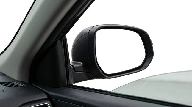 Modern black side view mirror showing high quality automotive interior design details and sleek plastic casing on transparent background